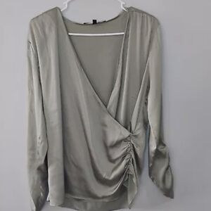White House Black Market Green Long Sleeve Wrap Blouse
